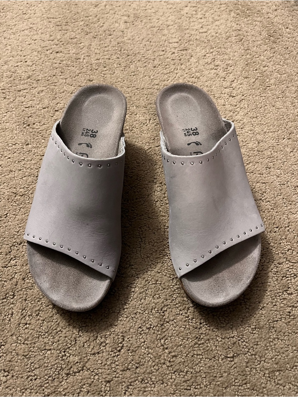 Ladies Gray Slide Wedge Sandals with Stud Trim